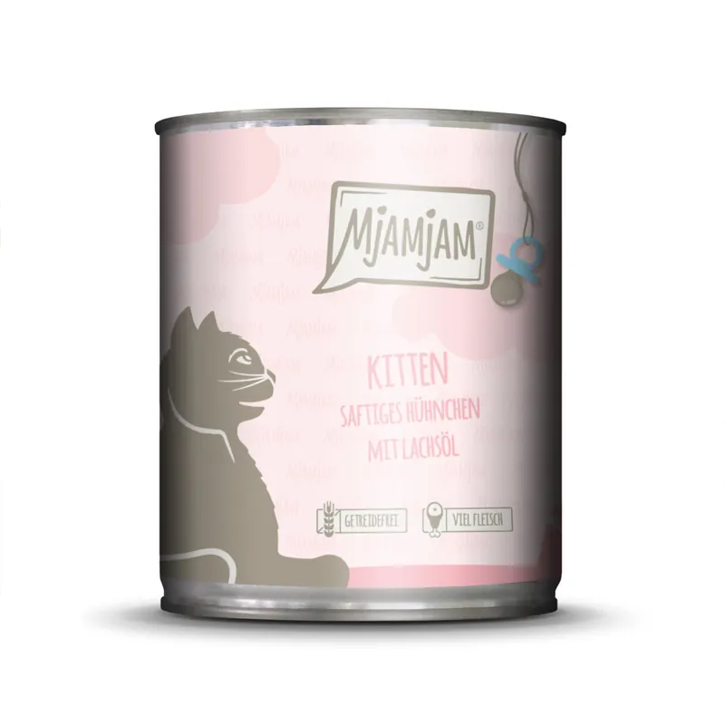 Geprüft Sparpaket 6 x 800 g Mjamjam Kitten Saftiges Hühnchen mit Lachsöl Katzen Nassfutter